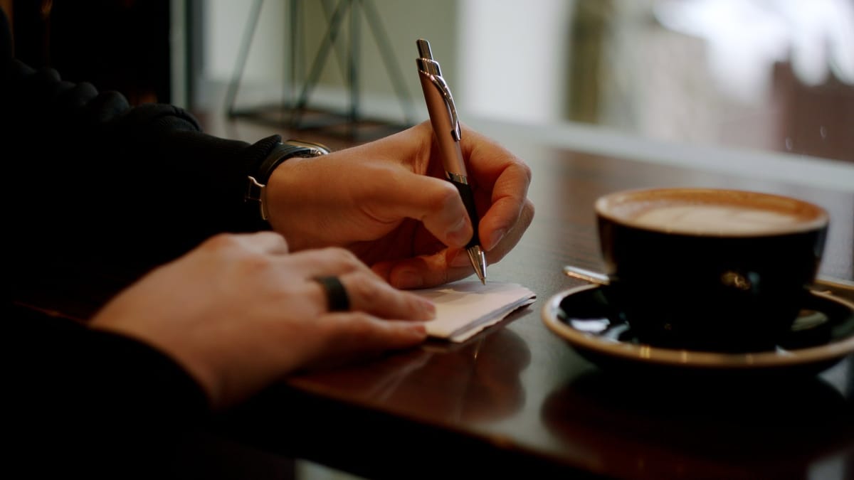 Eine Hand schreibt Notizen neben einer Tasse Kaffee
