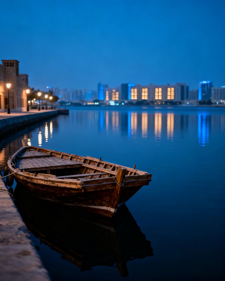 Der Dubai Creek zur blauen Stunde, ein hölzernes Abra-Boot liegt an der Promenade